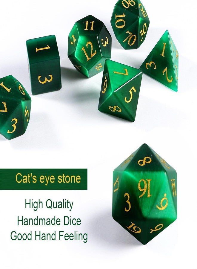Febote 7-Piece Green Artificial Cat's Eye Crystal Polyhedral Dice Set for Dungeons & Dragons D&D RPG Tabletop Gaming - Sharp Edge Gemstone Dice with Storage Box - Image 3